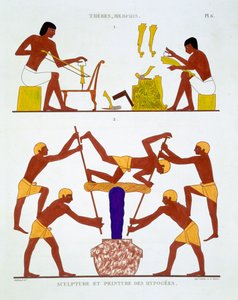 テベスからのフレスコ画の珍しい記録からの大工と染色布糸、フレデリックカイヨー（1787-1869）による2回目のエジプト訪問で、カラーリソ